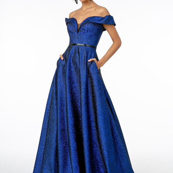 ROYAL BLUE NEW Illusion V-Neck Off Shoulder Long Dress GSGL2982